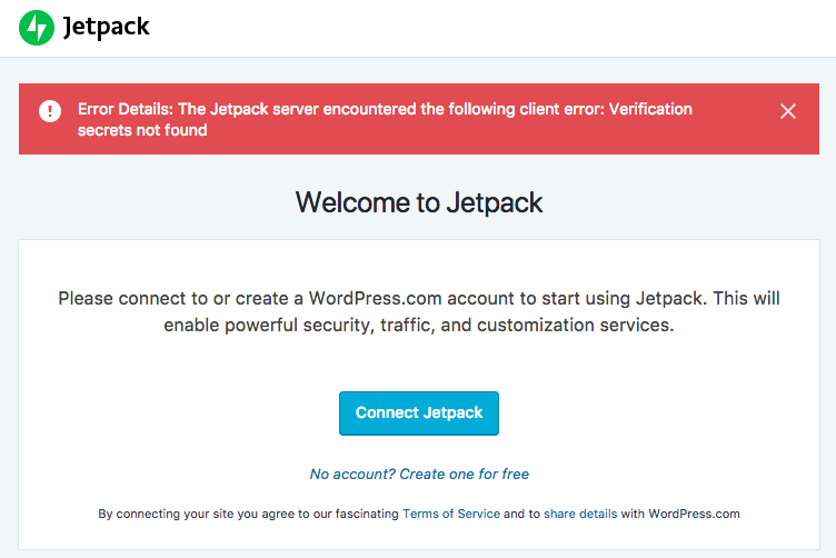 Jetpack verification secrets error message