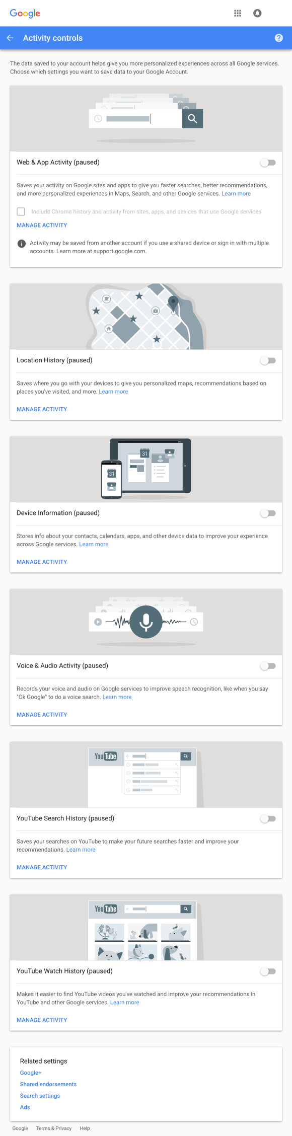Screenshot of Google's Activity Controls permissions settings webpage